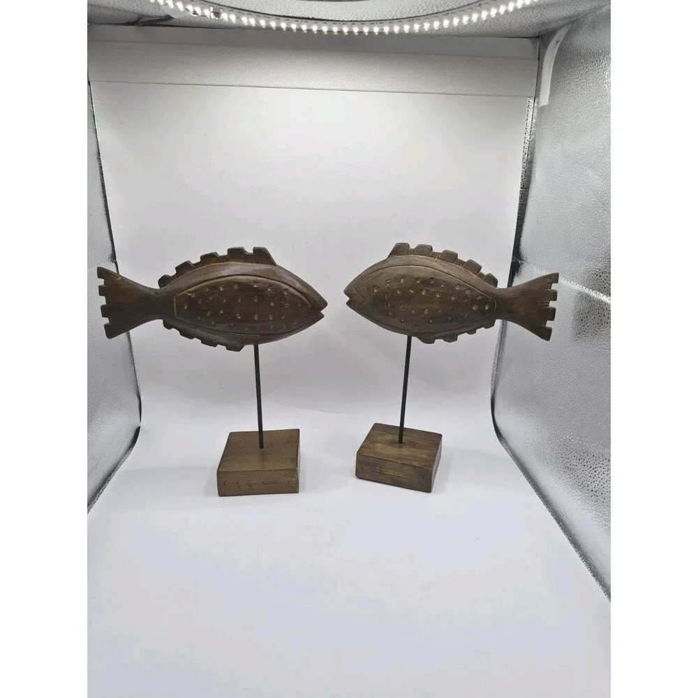 Wooden Hand Carved Fish On A Pedestal Portofino Rustic Coastal Decor